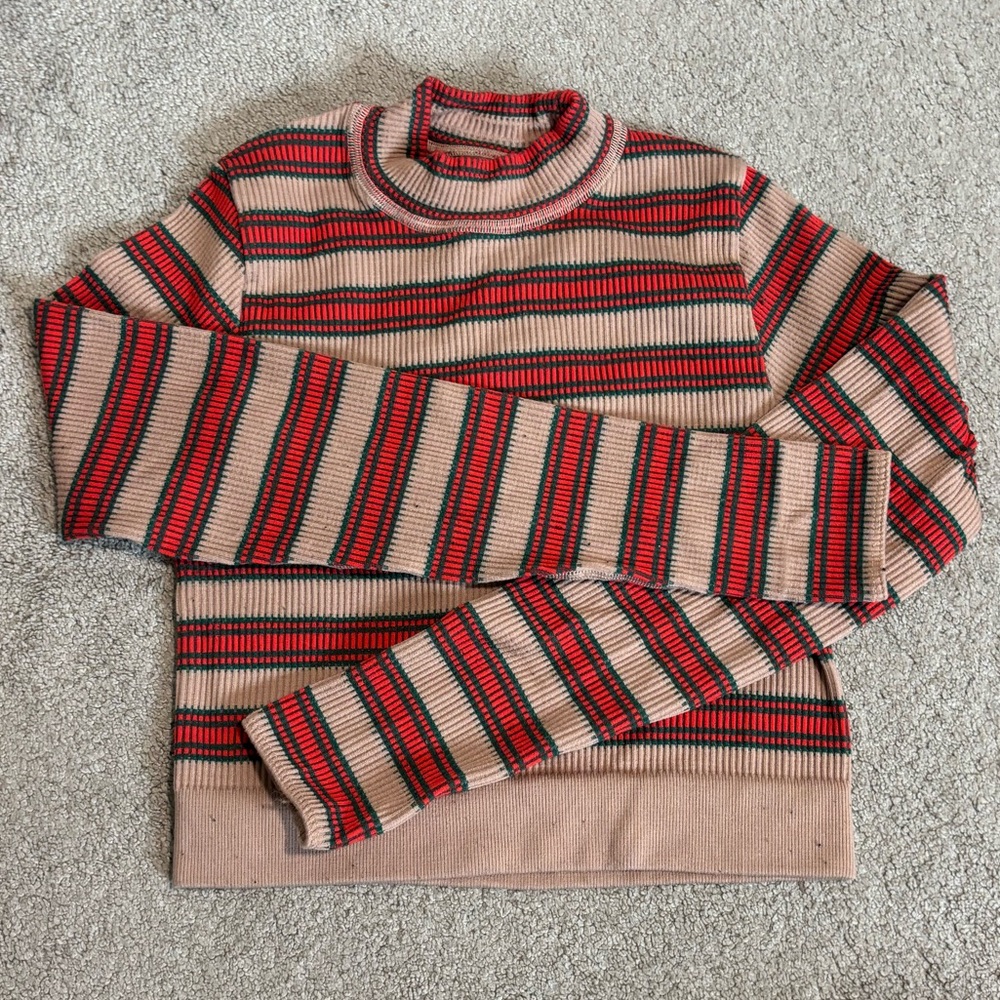 Aerie Mock Neck Ribbed Long Sleeve Top with red, tan, and green stripes